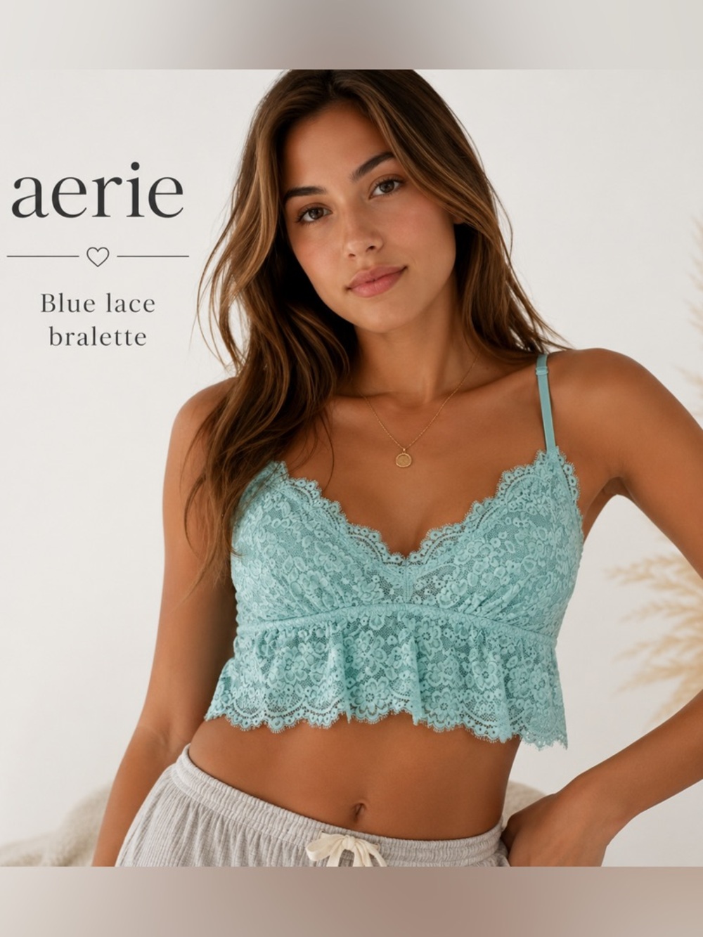 Aerie Lace Longline Bralette Seafoam Blue Floral Adjustable Straps Size M